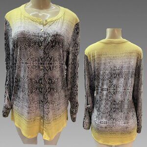 Dana Buchman L Black Faded Snake Print Yellow Accent Button Long Sleeve Shirt
